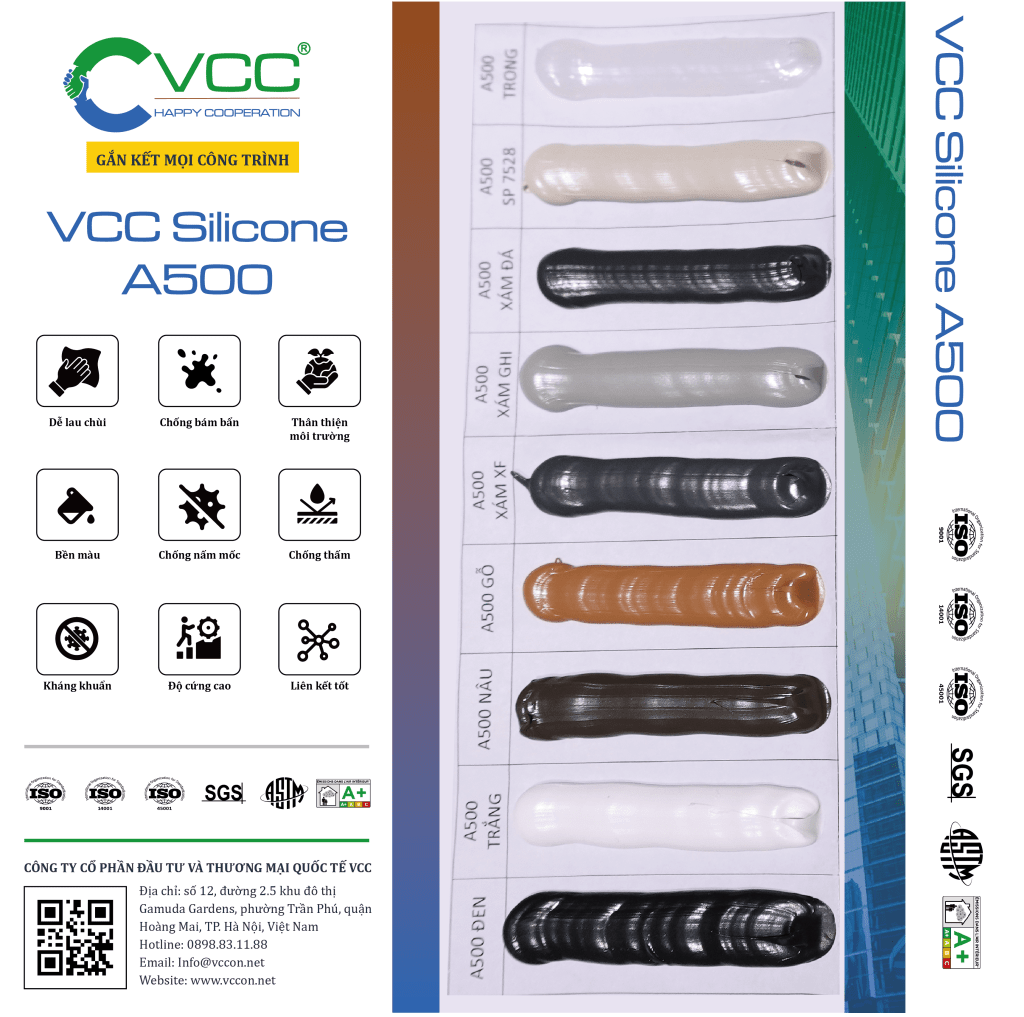 Bảng màu keo silicone VCC A500 VCC Sealant Sản xuất phân phối keo silicone và chất kết dính chuyên nghiệp Bảng màu keo silicone VCC A500