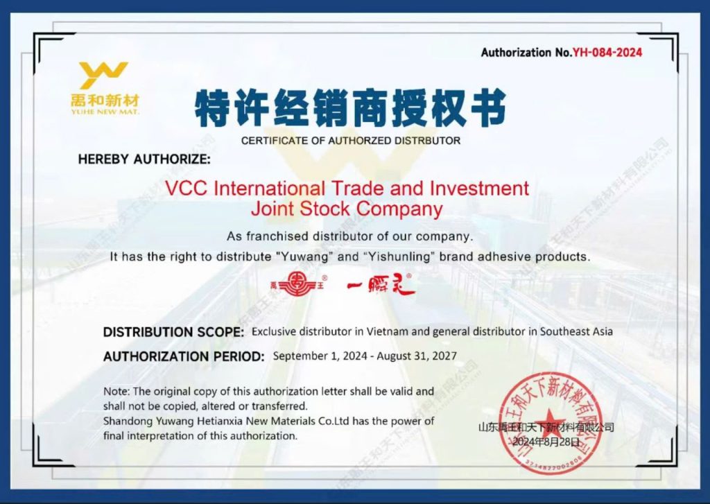 Chứng nhận VCC là nhà phân phối độc quyền các sản phẩm của Yuwang tại Việt Nam Và Đông Nam Á