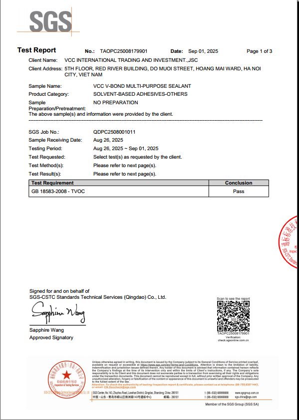 Chứng nhận SGS của Keo VCC V-Bond S