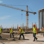 Một nhân viên thi công thực hiện nhiều nhiệm vụ khác nhau trên công trường.