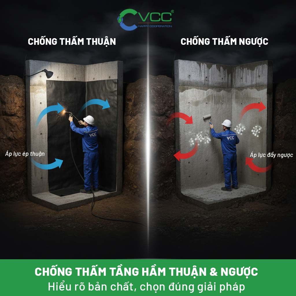 Chống thấm cho tầng hầm thuận và ngược