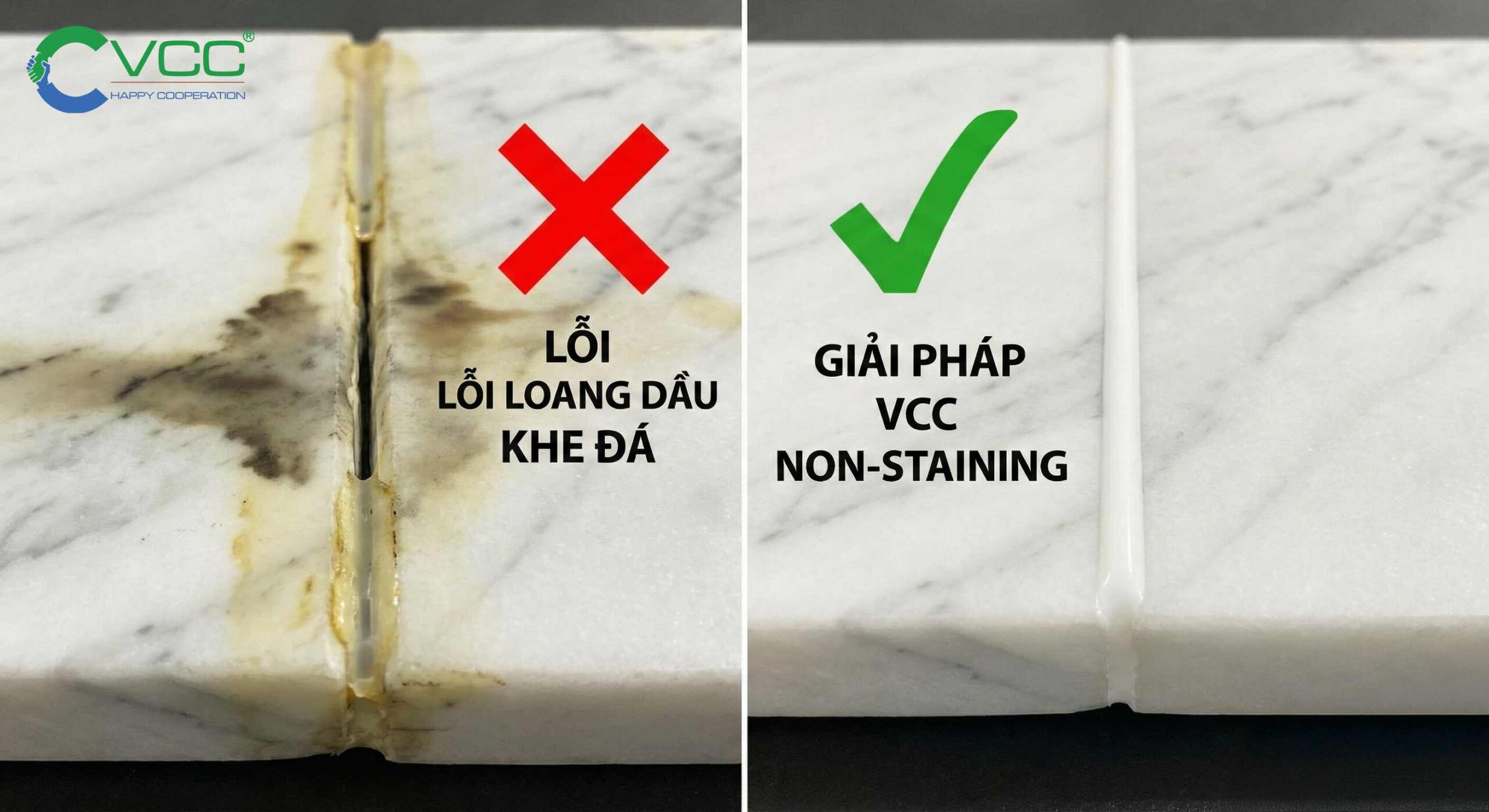 So Sánh Lỗi Keo Silicone Dán đá Bị Loang Dầu Gây ố Màu Và Kết Quả Sử Dụng Keo Vcc Chuyên Dụng Không Nhiễm Màu  Vcc Sealant   Sản Xuất Phân Phối Keo Silicone Và Chất Kết Dính Chuyên Nghiệp