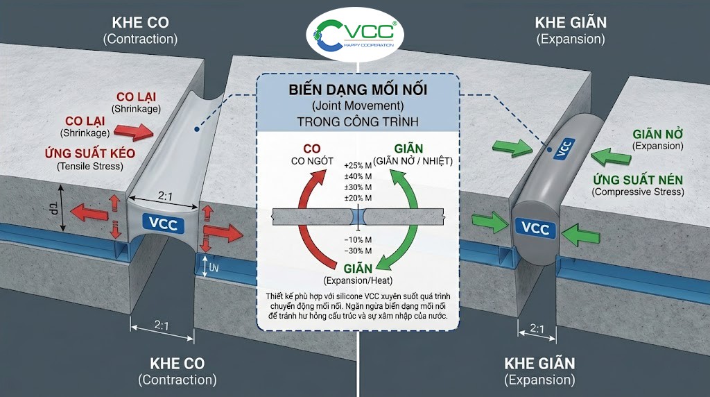 Hình ảnh đồ Họa Kỹ Thuật Minh Họa Chi Tiết Hiện Tượng Co Và Giãn Của Khe Co Giãn Trong Công Trình Giải Thích ứng Suất Tác động Lên Keo Trám Khe Và Tầm Quan Trọng Của Khả Năng Dịch Chuyển Của Keo Vcc