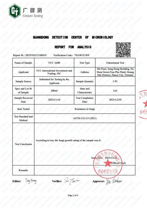 Chứng Nhận Kháng Nấm Mốc Rating 0 Của Vcc A600