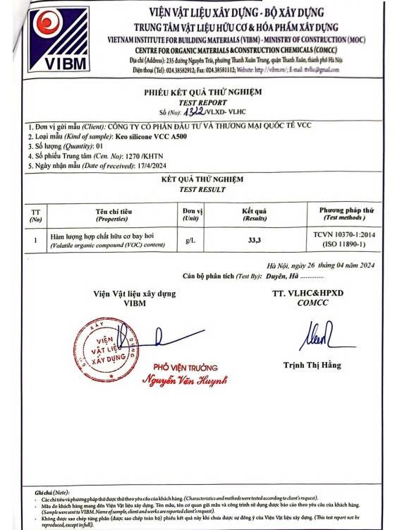 Kết Quả Kiểm định Tại Viện Vật Liệu Xây Dựng vibm Về Hàm Lượng Voc Của Vcc A500