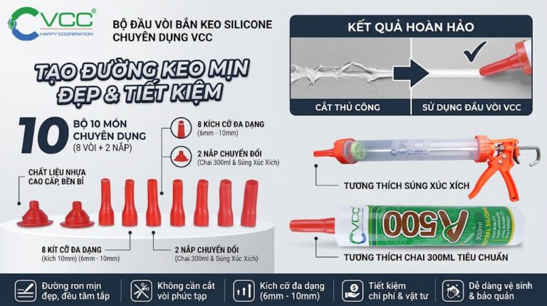 Hình ảnh Giới Thiệu Bộ đầu Vòi Bắn Keo Silicone Vcc Gồm 8 Vòi Kích Cỡ 6mm 10mm Và 2 Nắp Chuyển đổi So Sánh Kết Quả đường Keo Mịn đẹp Khi Dùng Vòi Vcc Và đường Keo Nham Nhở Khi Cắt Thủ Công  Vcc Sealant   Sản Xuất Phân Phối Keo Silicone Và Chất Kết Dính Chuyên Nghiệp