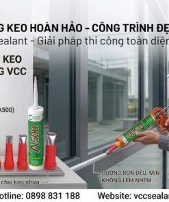Thợ thi công sử dụng súng bắn keo xúc xích lắp đầu vòi inox VCC bắn silicone A500 lên khung kính chuyên nghiệp, bộ 9 đầu vòi bắn keo đa năng VCC.