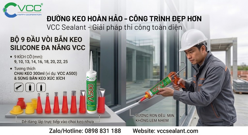 Bộ đầu vòi bắn keo silicone đa năng VCC - Đường keo hoàn hảo cho mọi công trình » VCC Sealant - Sản xuất, phân phối keo silicone và chất kết dính chuyên nghiệp Thợ Thi Công Sử Dụng Súng Bắn Keo Xúc Xích Lắp đầu Vòi Inox Vcc Bắn Silicone A500 Lên Khung Kính Chuyên Nghiệp Bộ 9 đầu Vòi Bắn Keo đa Năng Vcc