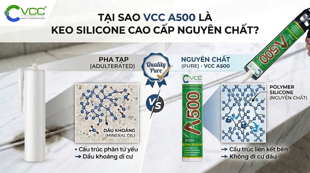 Sơ đồ So Sánh Cấu Trúc Phân Tử Giữa Keo Silicone Pha Tạp Dầu Khoáng Và Keo Silicone Nguyên Chất Vcc A500 Không Di Cư Dầu
