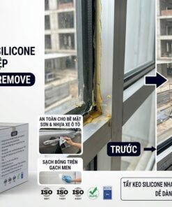 Hình ảnh chất tẩy keo silicone MC 5 dạng xịt 450ml của VCC Sealant, minh họa hiệu quả trước và sau khi tẩy sạch keo cũ trên khung kính công trình.
