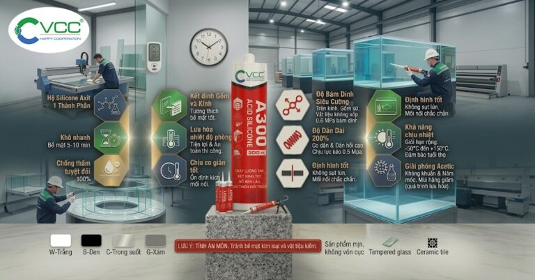 Một Infographic Ngang Chi Tiết Giới Thiệu Keo Silicone Vcc A300 Chai Keo Vcc A300 Lớn ở Trung Tâm Trong Bối Cảnh Xưởng Kính Hiện đại Hai Nhân Viên Vcc đang Cắt Kính Và Dán Kính Bể Cá 12 ô Thông Tin Lục Giác Mờ Hiển Thị Các đặc Tính Kỹ Thuật Như hệ Silicone Axit 1 Thành Phần khô Nhanh chống Thấm Độ Bám Dính Độ Dãn Dài 200 Và khả Năng Chịu Nhiệt Có Mẫu Màu Cảnh Báo ăn Mòn Và Các Logo Thương Hiệu Vcc  Vcc Sealant   Sản Xuất Phân Phối Keo Silicone Và Chất Kết Dính Chuyên Nghiệp