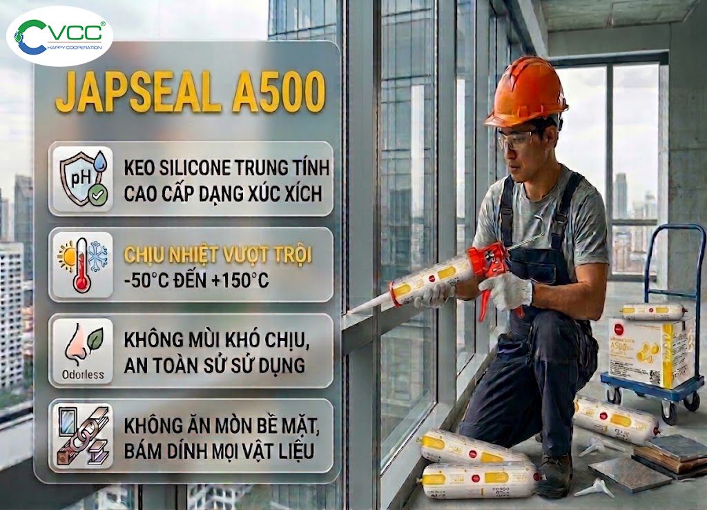 Hình ảnh Minh Họa đặc điểm Keo Silicone Trung Tính Japseal A500 Dạng Túi Xúc Xích Của Vcc Chịu Nhiệt Từ  50 độ C đến +150 độ C Không Mùi Không ăn Mòn Và Bám Dính đa Năng