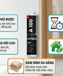 Bảng tổng hợp Infographic về 5 ứng dụng và ưu điểm của Keo JAPSEAL A100 VCC, bao gồm sơn phủ được, độ đàn hồi cao, bám dính đa năng, khô nhanh và an toàn. Chứa tuýp keo JAPSEAL A100.