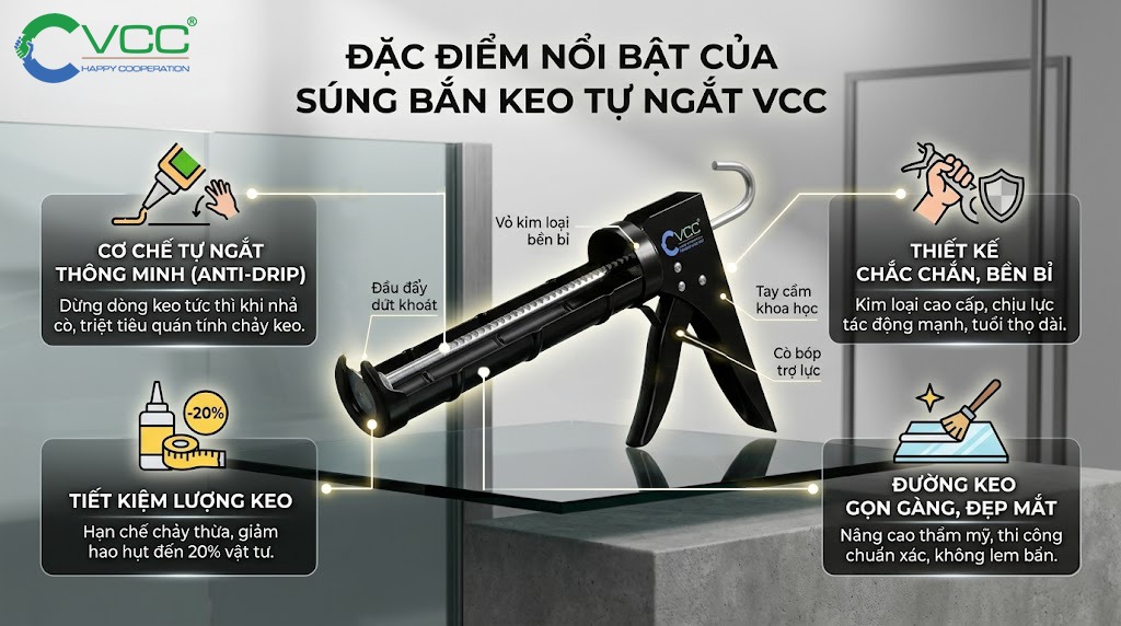 Tổng hợp các đặc điểm nổi bật và ưu điểm kỹ thuật của súng bắn keo tự ngắt VCC. » VCC Sealant - Sản xuất, phân phối keo silicone và chất kết dính chuyên nghiệp Hình ảnh Liệt Kê 4 đặc điểm Nổi Bật Của Súng Bắn Keo Tự Ngắt Vcc Gồm Cơ Chế Anti drip Thiết Kế Vỏ Kim Loại Chắc Chắn Tiết Kiệm 20 Lượng Keo Và Tạo đường Keo Gọn đẹp