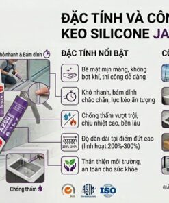 Bảng đặc tính và công dụng keo silicone axit Japseal A260: Độ dãn dài 200%-300%, khô nhanh, chống thấm tuyệt đối, ứng dụng cho kính khổ lớn, bể cá và phòng tắm.
