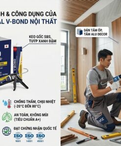 Infographic chi tiết về đặc tính keo Japseal V-Bond Nội Thất: thay thế đinh, bám dính siêu việt, khô nhanh dưới 10 phút và an toàn chuẩn A+.