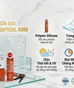 Một infographic chuyên nghiệp của VCC Sealant hiển thị các đặc tính của Keo Silicone Axit Japseal A300. Nó bao gồm logo thương hiệu, tiêu đề 'ĐẶC TÍNH CỦA KEO SILICONE AXIT JAPSEAL A300', và một grid các tính năng với các icon và văn bản: Polyme Silicone (với icon chai A300 thu nhỏ), Trong suốt, Bám dính (với text 'Chuyên dụng cho kính'), Chịu Thời tiết & UV, Khô Nhanh & Chống Nấm mốc, An toàn & Thân thiện. Hình ảnh cũng hiển thị thùng carton và chai sản phẩm, thước cuộn, súng bắn keo, và các logo chứng nhận ISO, EN và Émissions dans l'air intérieur A+.