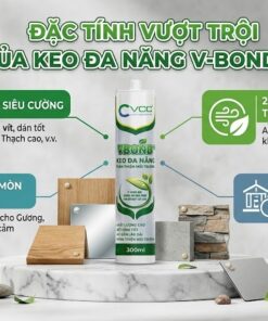 Infographic liệt kê 4 đặc tính của Keo VCC V-Bond+ : Bám dính siêu cường, thân thiện môi trường, không ăn mòn vật liệu và độ bền cao.