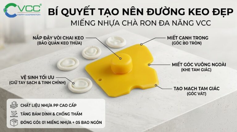 Miếng Nhựa Chà Ron đa Năng Vcc Màu Vàng Tích Hợp 3 Chức Năng Miết Mạch Nắp đậy Vòi Keo Và 5 Bao Ngón Tay Vệ Sinh Giúp Thi Công Keo Silicone đẹp  Vcc Sealant   Sản Xuất Phân Phối Keo Silicone Và Chất Kết Dính Chuyên Nghiệp