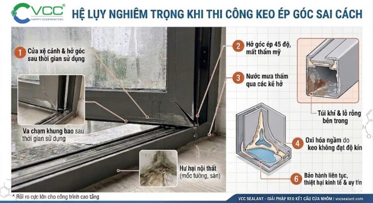 Infographic Mô Tả 6 Hệ Lụy Khi Thi Công Keo ép Góc 2 Thành Phần Sai Cách Gồm Cửa Xệ Cánh Hở Góc 45 độ Nước Mưa Thấm Túi Khí Bên Trong Oxi Hóa Ngầm Và Chi Phí Bảo Hành Liên Tục  Vcc Sealant   Sản Xuất Phân Phối Keo Silicone Và Chất Kết Dính Chuyên Nghiệp