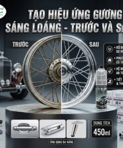 So sánh trước và sau khi sử dụng sơn phủ crom bạc AC 4 trên vành xe nan hoa rỉ sét. Một bên rỉ sét cũ kỹ và một bên sáng bóng như mạ điện sau khi dùng sơn VCC.