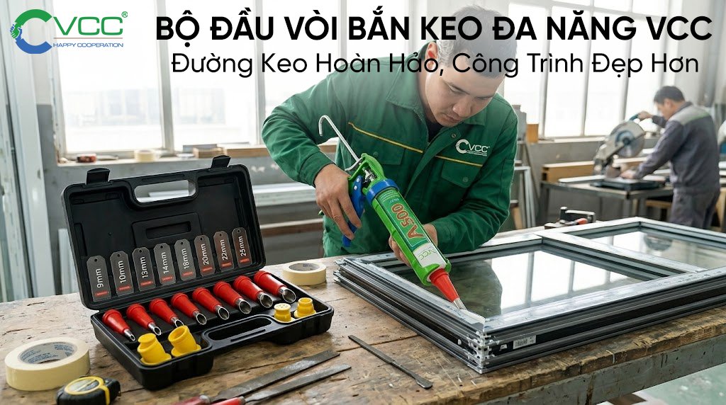 Kỹ thuật thi công keo silicone chuyên nghiệp với bộ đầu vòi đa năng VCC. » VCC Sealant - Sản xuất, phân phối keo silicone và chất kết dính chuyên nghiệp Kỹ Thuật Viên đang Sử Dụng Súng Bắn Keo Gắn Vòi Inox Vcc để Thi Công Keo Silicone Vcc A500 Lên Khung Cửa Nhôm Kính Tại Xưởng Sản Xuất