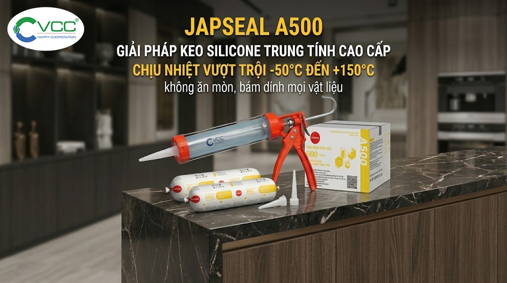 Một Hình ảnh Ngang Của Bộ Sản Phẩm Keo Silicone Japseal A500 Trên Một Quầy Bếp đá Cẩm Thạch đen Và Gỗ Hiện đại Ảnh Bao Gồm Một Súng Bắn Keo Xúc Xích Sáu Gói Keo Xúc Xích Một Hộp Carton Và Hai đầu Vòi Văn Bản Tiếng Việt ở Góc Trên Bên Trái Giới Thiệu Tên Sản Phẩm Các Tính Năng Chính Trung Tính Cao Cấp Chịu Nhiệt  50°c đến +150°c Không ăn Mòn Bám Dính Mọi Vật Liệu Logo Vcc ở Góc Trên Bên Phải