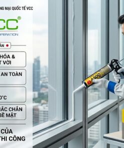 Một Kỹ Thuật Viên Nam đang Bơm Keo Silicone Trung Tính Vcc A500 Từ Súng Bắn Keo Lên Một Khe Cửa Kính Lớn Với Logo Vcc Và Danh Sách Tính Năng Sản Phẩm ở Bên Trái Quang Cảnh Thành Phố Mờ Phía Sau Vỏ Thùng A500 Và Chai Keo ở Góc Dưới Bên Phải  Vcc Sealant   Sản Xuất Phân Phối Keo Silicone Và Chất Kết Dính Chuyên Nghiệp