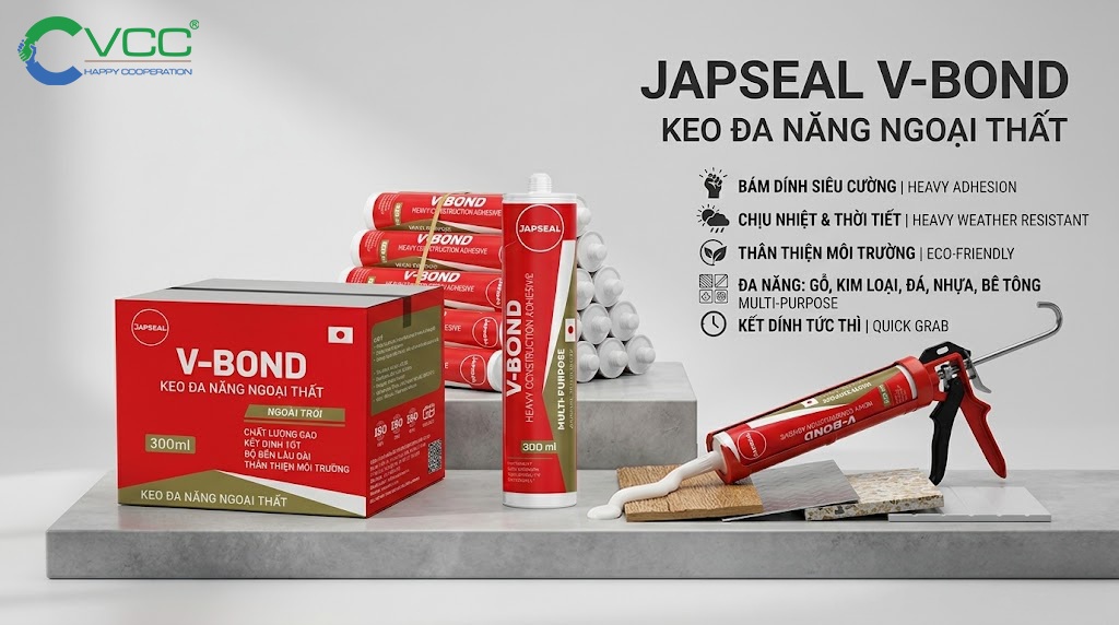 Japseal V-Bond - Keo đa năng ngoại thất công nghệ Nhật Bản » VCC Sealant - Sản xuất, phân phối keo silicone và chất kết dính chuyên nghiệp Keo đa Năng Ngoại Thất Japseal V bond Của Vcc Bám Dính Siêu Cường Kết Dính Tức Thì Trên Gỗ Kim Loại đá Nhựa Bê Tông Quy Cách Thùng 24 ống 300ml Công Nghệ Nhật Bản Vcc Sealant Sản Xuất Phân Phối Keo Silicone Và Chất Kết Dính Chuyên Nghiệp