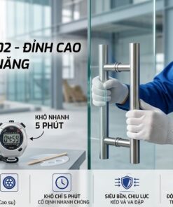 Hình ảnh thợ dùng keo AB Acrylate VCC 302 dán tay cầm inox lên cửa kính, bên cạnh đồng hồ 5 phút và hộp keo dán khô nhanh. nhấn mạnh tính năng khô nhanh, kết dính đa vật liệu (kim loại, nhựa, thủy tinh, gốm) và độ bền cao.