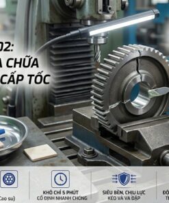 Kỹ thuật viên sử dụng Keo AB VCC 302 sửa chữa bánh răng thép công nghiệp, thể hiện khả năng dán kim loại cấp tốc và chịu lực.