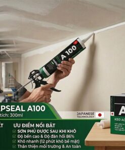 Hình ảnh Keo Acrylic Japseal A100 Hiển Thị Một Thợ Xây Dựng đang Bắn Keo Vào Khe Hở Tường Trong Bối Cảnh Công Trường Bên Dưới Là Trưng Bày Chai Sản Phẩm 300ml Thùng Hàng Và Danh Sách Các ưu điểm Như Khô Nhanh Sơn Phủ được Và Thân Thiện Môi Trường  Vcc Sealant   Sản Xuất Phân Phối Keo Silicone Và Chất Kết Dính Chuyên Nghiệp