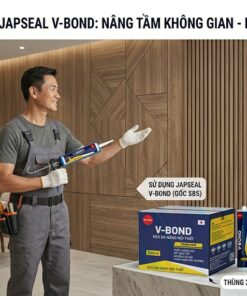 Thợ thi công chuyên nghiệp sử dụng keo Japseal V-Bond Nội Thất của VCC để dán tấm ốp tường gỗ trong phòng khách sang trọng.