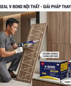 Thợ thi công sử dụng Keo dán Japseal V-Bond Nội Thất thay thế đinh vít để dán tấm ốp gỗ, khô nhanh dưới 10 phút.