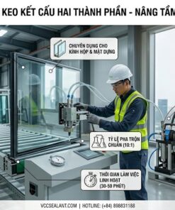 Kỹ thuật viên vận hành máy bơm keo 2 thành phần VCC 8800 trên dây chuyền sản xuất kính hộp hiện đại.