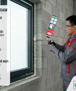 thi công keo bọt nở VCC PU Foam lấp đầy khe hở cửa sổ bên cạnh bảng liệt kê 5 ưu điểm sản phẩm về cách nhiệt và cách âm.