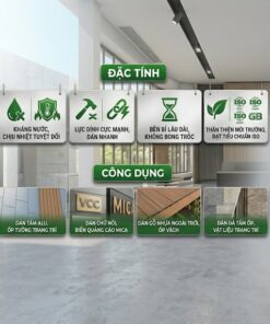 Bảng đặc tính và công dụng keo dán xây dựng ngoại thất VCC V-Bond, bao gồm kháng nước, chịu nhiệt, lực dính mạnh, và ví dụ ứng dụng cho alu, mica, gỗ nhựa.