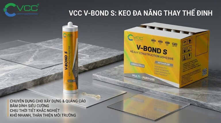Ảnh Keo Dán Xây Dựng Vcc V bond S Thể Hiện Tuýp 300ml Và Thùng 24 Tuýp Trên Bề Mặt đá Cẩm Thạch Và Nhôm Cùng Với Logo Vcc Văn Bản Nhấn Mạnh Tính đa Dụng Của Sản Phẩm Trong Quảng Cáo Và Xây Dựng  Vcc Sealant   Sản Xuất Phân Phối Keo Silicone Và Chất Kết Dính Chuyên Nghiệp