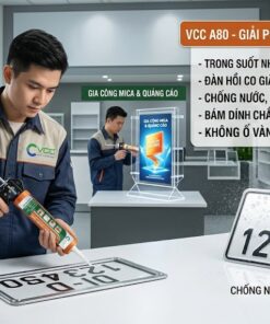 Kỹ thuật viên đang thi công ép biển số xe bằng keo Acrylic trong suốt VCC A80 tại xưởng gia công mica chuyên nghiệp