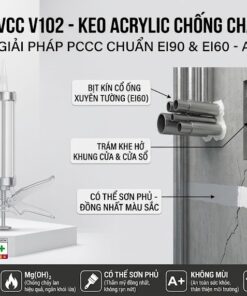 Tổng hợp ứng dụng keo acrylic chống cháy lan VCC V102: bịt kín cổ ống xuyên tường EI60, trám khe hở khung cửa và xử lý vết nứt tường, trần thạch cao với tính năng sơn phủ thẩm mỹ.