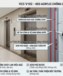Thi công keo acrylic chống cháy lan VCC V102 cho khung cửa PCCC tại hành lang tòa nhà, đạt chuẩn EI90 và có thể sơn phủ thẩm mỹ.