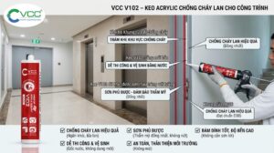 Thi công keo acrylic chống cháy lan VCC V102 cho khung cửa PCCC tại hành lang tòa nhà, đạt chuẩn EI90 và có thể sơn phủ thẩm mỹ.
