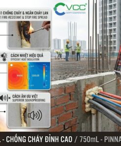 Hình ảnh thi công thực tế keo bọt nở chống cháy VCC PU Foam B1 lấp đầy khe hở đường ống kỹ thuật, nổi bật tính năng ngăn cháy lan, cách nhiệt và cách âm.