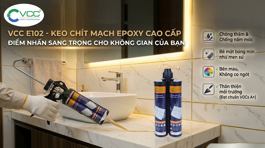 Thợ chuyên nghiệp sử dụng súng bắn keo 2 thành phần thi công keo chít mạch Epoxy VCC E102 cho mạch gạch sang trọng, chống nấm mốc và đạt chuẩn VOCs A+.