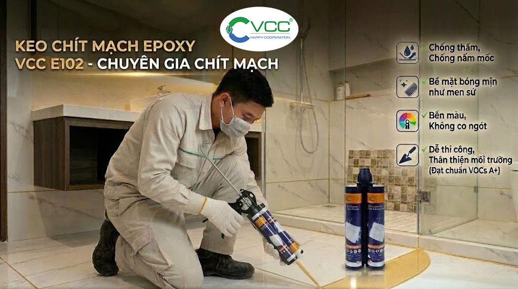 Thợ thi công đang sử dụng súng bắn keo 2 thành phần để chít mạch gạch bằng keo Epoxy VCC E102 bóng mịn như men sứ trong phòng tắm.