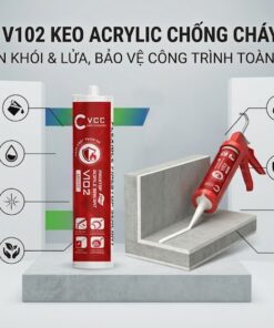 Ảnh Sản Phẩm Keo Chống Cháy Lan Vcc V102 Chai Keo Màu đỏ Với Logo Vcc Happy Cooperation Hiển Thị Nổi Bật Bên Cạnh Là Mô Hình ứng Dụng Bịt Kín Cổ ống Kỹ Thuật đạt Chuẩn Ei60 Cho ống Gió Và Trám Mối Nối Cửa Thạch Cao đạt Chuẩn Ei90 Chứa Các Văn Bản Về ưu điểm Sơn Phủ được Gốc Nước độ Cứng Cao an Toàn Hạng A+ Và Hợp Chất Chống Cháy Mgoh2 Có Các Logo Chứng Nhận Sgs Astm  Vcc Sealant   Sản Xuất Phân Phối Keo Silicone Và Chất Kết Dính Chuyên Nghiệp