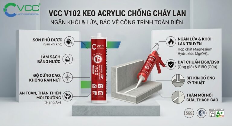Ảnh Sản Phẩm Keo Chống Cháy Lan Vcc V102 Chai Keo Màu đỏ Với Logo Vcc Happy Cooperation Hiển Thị Nổi Bật Bên Cạnh Là Mô Hình ứng Dụng Bịt Kín Cổ ống Kỹ Thuật đạt Chuẩn Ei60 Cho ống Gió Và Trám Mối Nối Cửa Thạch Cao đạt Chuẩn Ei90 Chứa Các Văn Bản Về ưu điểm Sơn Phủ được Gốc Nước độ Cứng Cao an Toàn Hạng A+ Và Hợp Chất Chống Cháy Mgoh2 Có Các Logo Chứng Nhận Sgs Astm  Vcc Sealant   Sản Xuất Phân Phối Keo Silicone Và Chất Kết Dính Chuyên Nghiệp