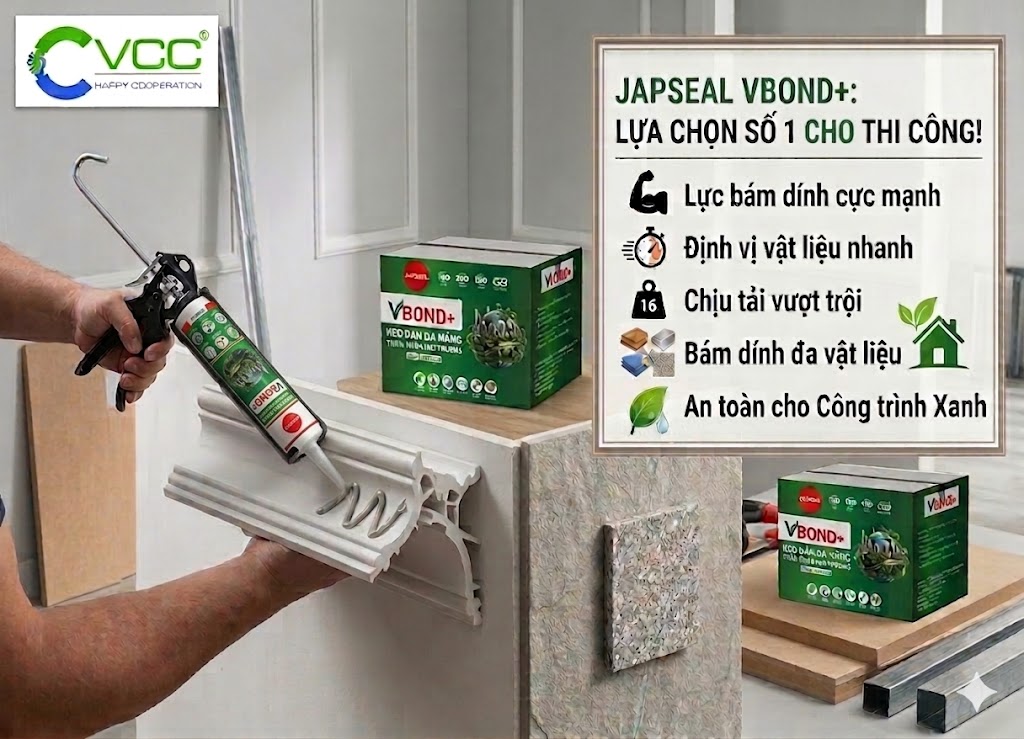 Thợ Xây Dựng Sử Dụng Súng Bắn Keo Lắp Chai Japseal Vbond+ để Dán Phào Chỉ Thạch Cao Minh Họa Cho Lực Bám Dính Cực Mạnh Và Khả Năng Bám Dính đa Vật Liệu