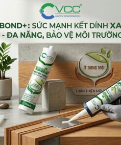 Chai keo đa năng V-Bond+ VCC và súng bắn keo đang thi công trên khung gỗ trong studio chuyên nghiệp, thông điệp bảo vệ môi trường.