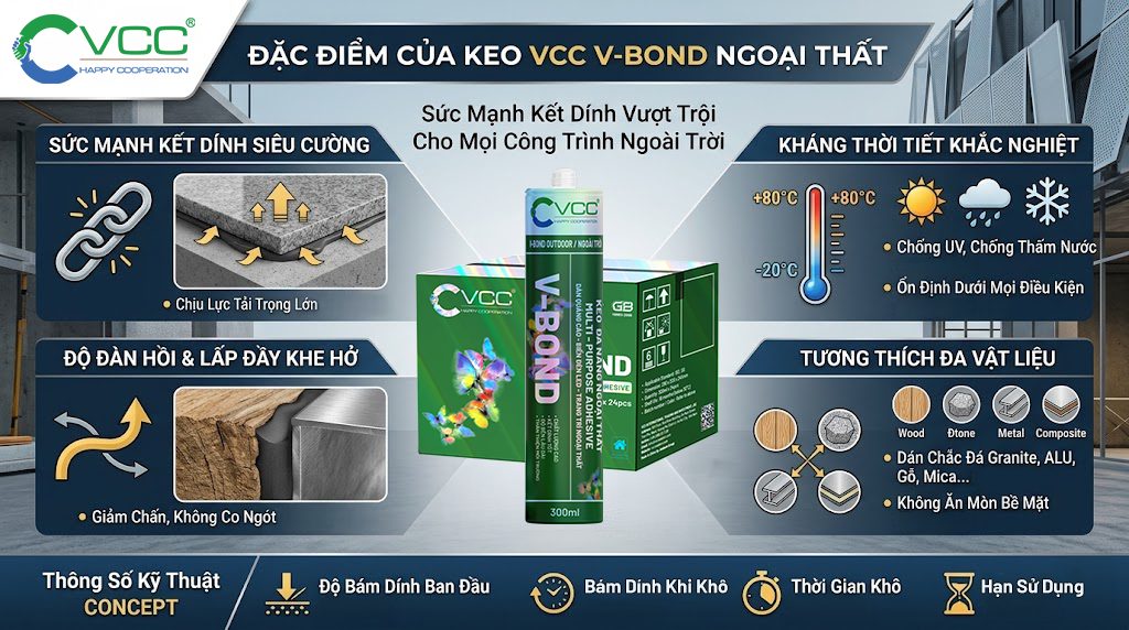Keo dán VCC V-Bond Ngoại thất: Tổng hợp Ứng dụng & Đặc điểm Siêu cường » VCC Sealant - Sản xuất, phân phối keo silicone và chất kết dính chuyên nghiệp Infographic Keo Dán Vcc V bond Ngoại Thất Siêu Cường Hình ảnh Hiển Thị Các Panel ứng Dụng Công Nhân ốp Vách Trang Trí Biển Hiệu Alu Mica Công Nhân Dán Gạch đá Granite đá Cẩm Thạch Lắp đặt Hệ Thống Lan Can Kim Loại Sàn Gỗ Ngoại Thất Góc Dưới Bên Trái Là Danh Sách 5 Tính Năng Với Biểu Tượng Chịu Nhiệt Rộng Thay Thế đinh Vít Kháng Uv đa Vật Liệu Siêu Cường Bên Phải Là Hình ảnh Chai Keo đơn Và Thùng 24 Chai
